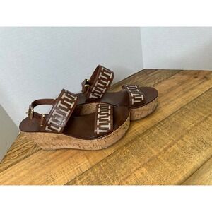 Tory Burch Regan Brown Leather Cork Wedge Platform Sandals Logo 9M 4706